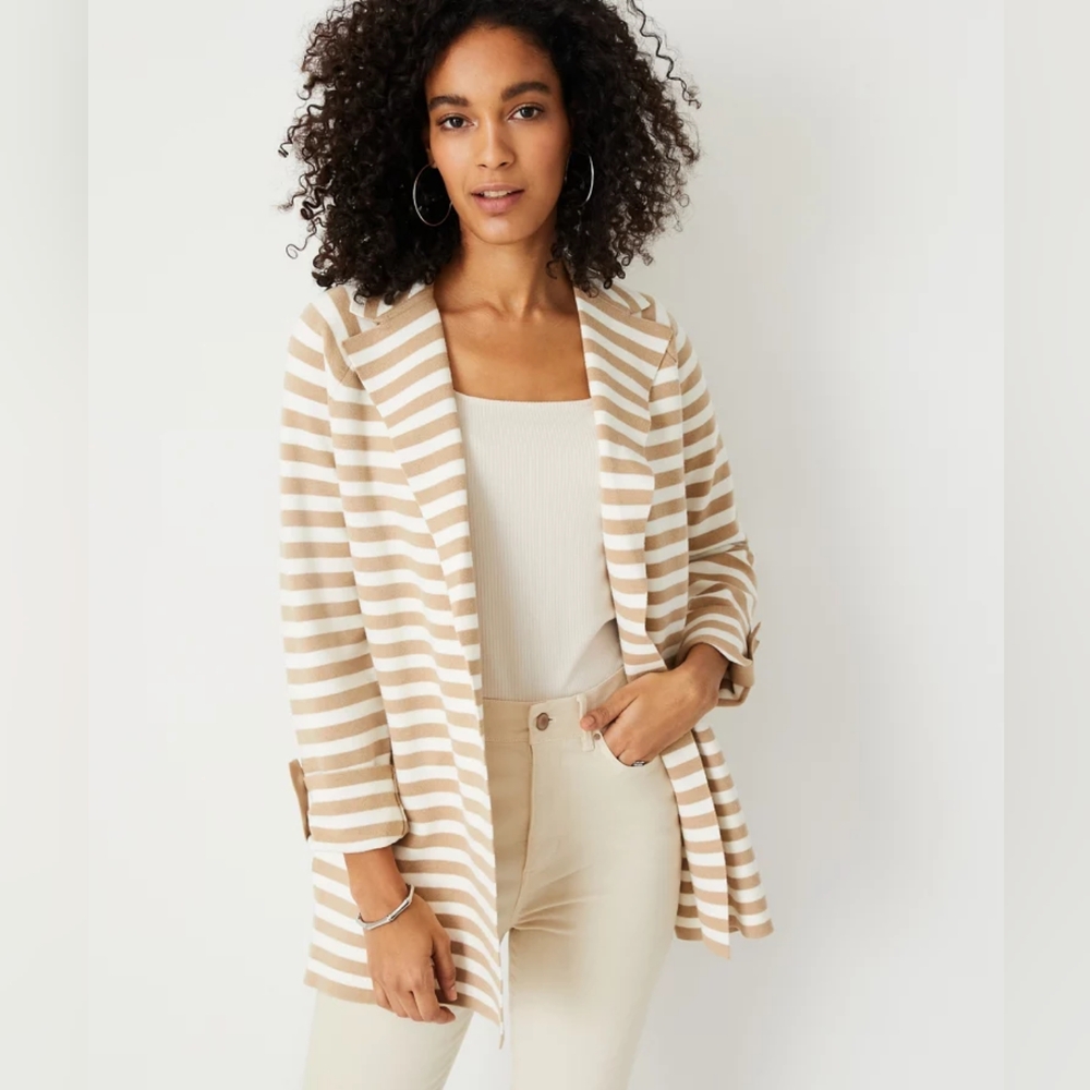 Ann Taylor Cotton Rayon Striped Long Cardigan
